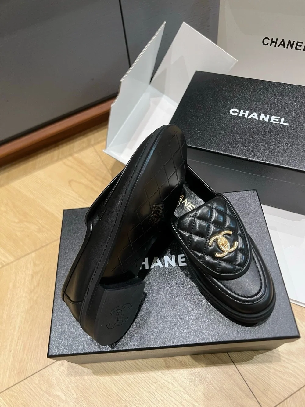 CHANEL Black Quilted Leather Loafers
